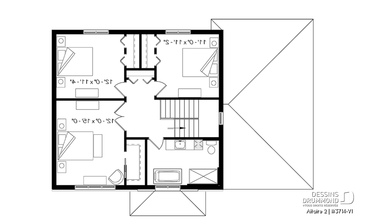 Étage - Plan de cottage contemporain avec garage, 3 chambres, grande cuisine, foyer, buanderie au r-d-c - Altaire 2