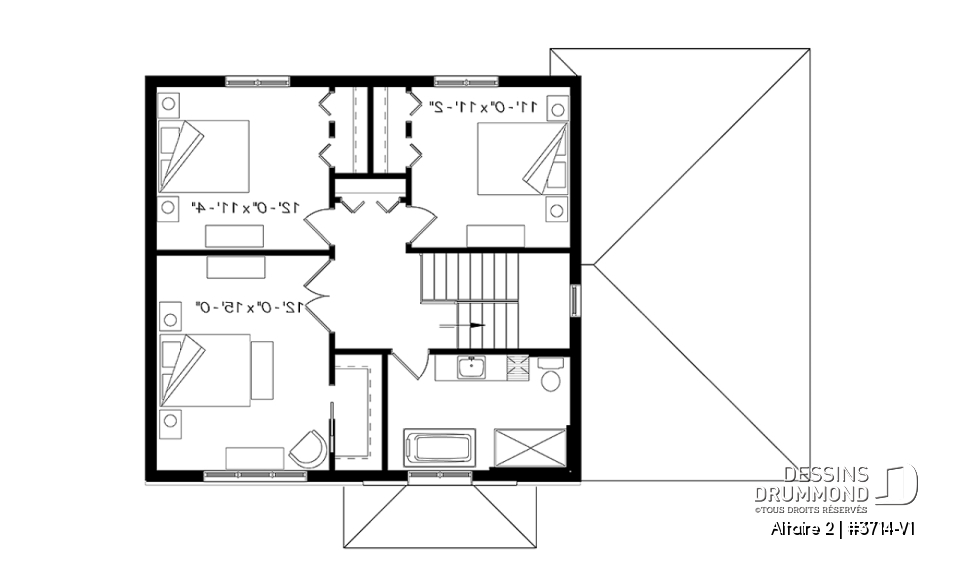 Étage - Plan de cottage contemporain avec garage, 3 chambres, grande cuisine, foyer, buanderie au r-d-c - Altaire 2