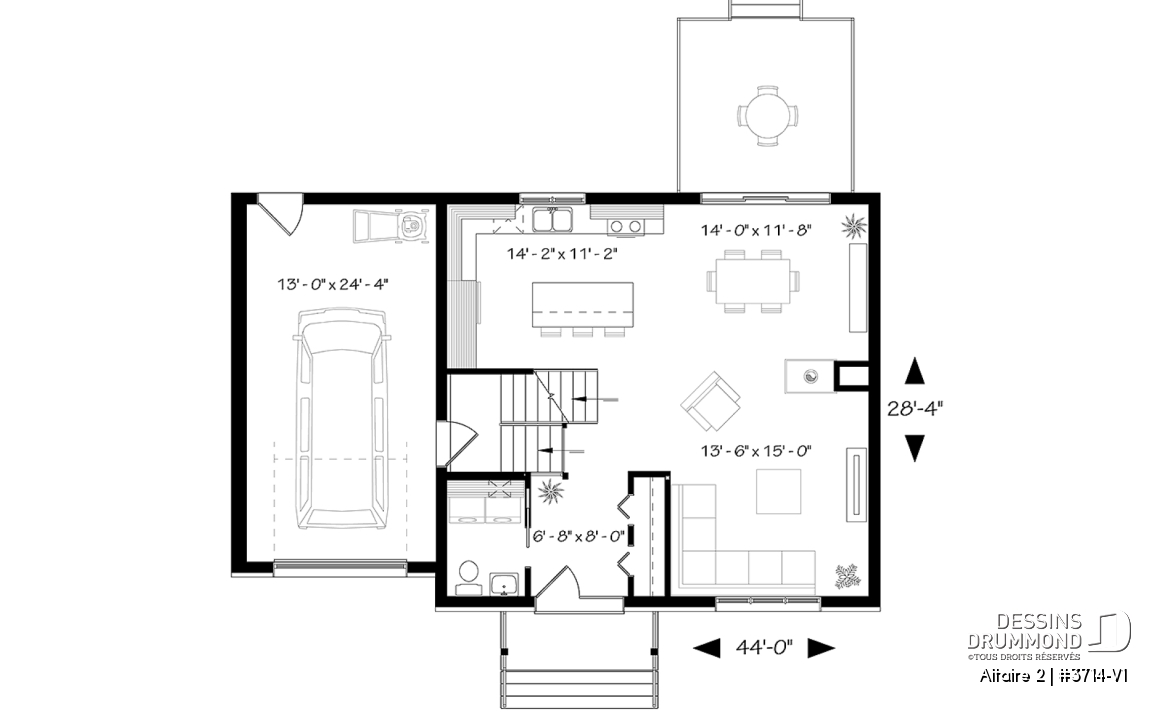 Rez-de-chaussée - Plan de cottage contemporain avec garage, 3 chambres, grande cuisine, foyer, buanderie au r-d-c - Altaire 2