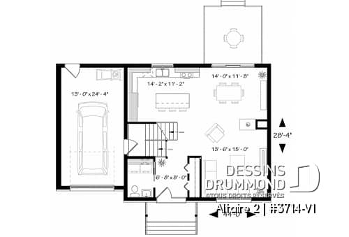 Rez-de-chaussée - Plan de cottage contemporain avec garage, 3 chambres, grande cuisine, foyer, buanderie au r-d-c - Altaire 2