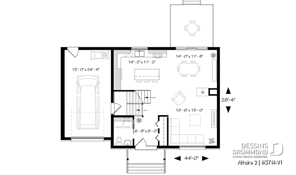 Rez-de-chaussée - Plan de cottage contemporain avec garage, 3 chambres, grande cuisine, foyer, buanderie au r-d-c - Altaire 2