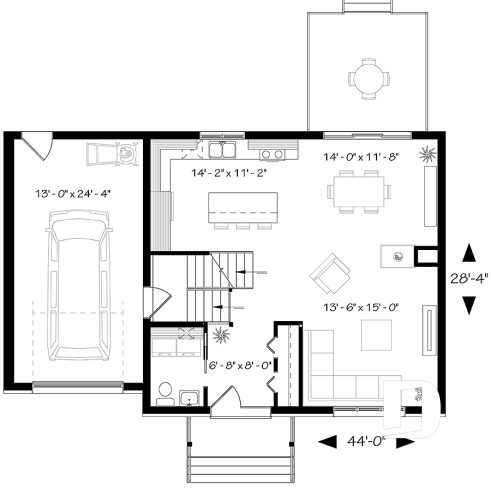 Rez-de-chaussée - Plan de cottage contemporain avec garage, 3 chambres, grande cuisine, foyer, buanderie au r-d-c - Altaire 2