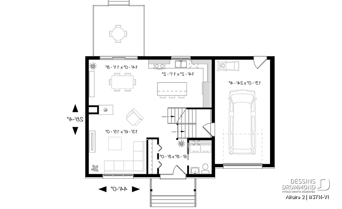 Rez-de-chaussée - Plan de cottage contemporain avec garage, 3 chambres, grande cuisine, foyer, buanderie au r-d-c - Altaire 2