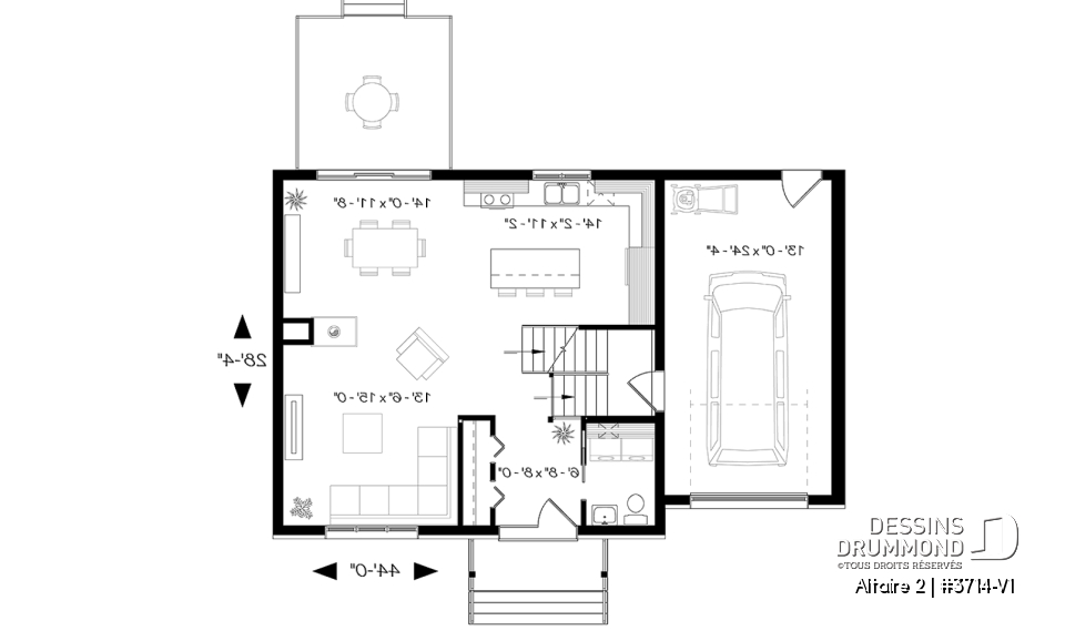 Rez-de-chaussée - Plan de cottage contemporain avec garage, 3 chambres, grande cuisine, foyer, buanderie au r-d-c - Altaire 2