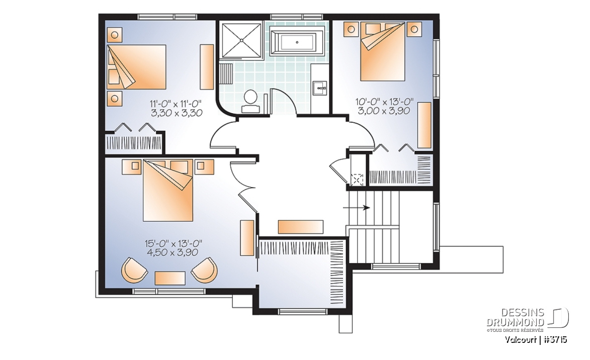 Étage - Plan de maison moderne 3 chambres, grande cuisine, garde-manger, buanderie au premier, walk-in - Valcourt