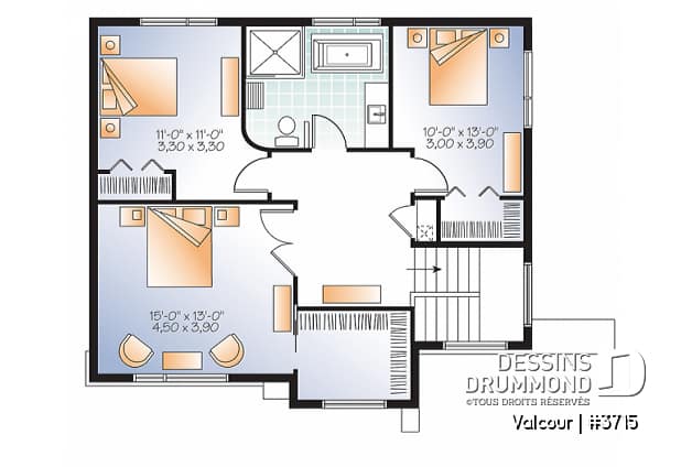 Étage - Plan de maison moderne 3 chambres, grande cuisine, garde-manger, buanderie au premier, walk-in - Valcourt