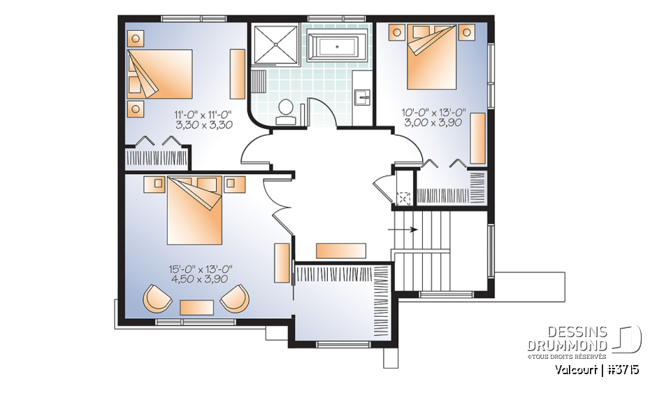 Étage - Plan de maison moderne 3 chambres, grande cuisine, garde-manger, buanderie au premier, walk-in - Valcourt