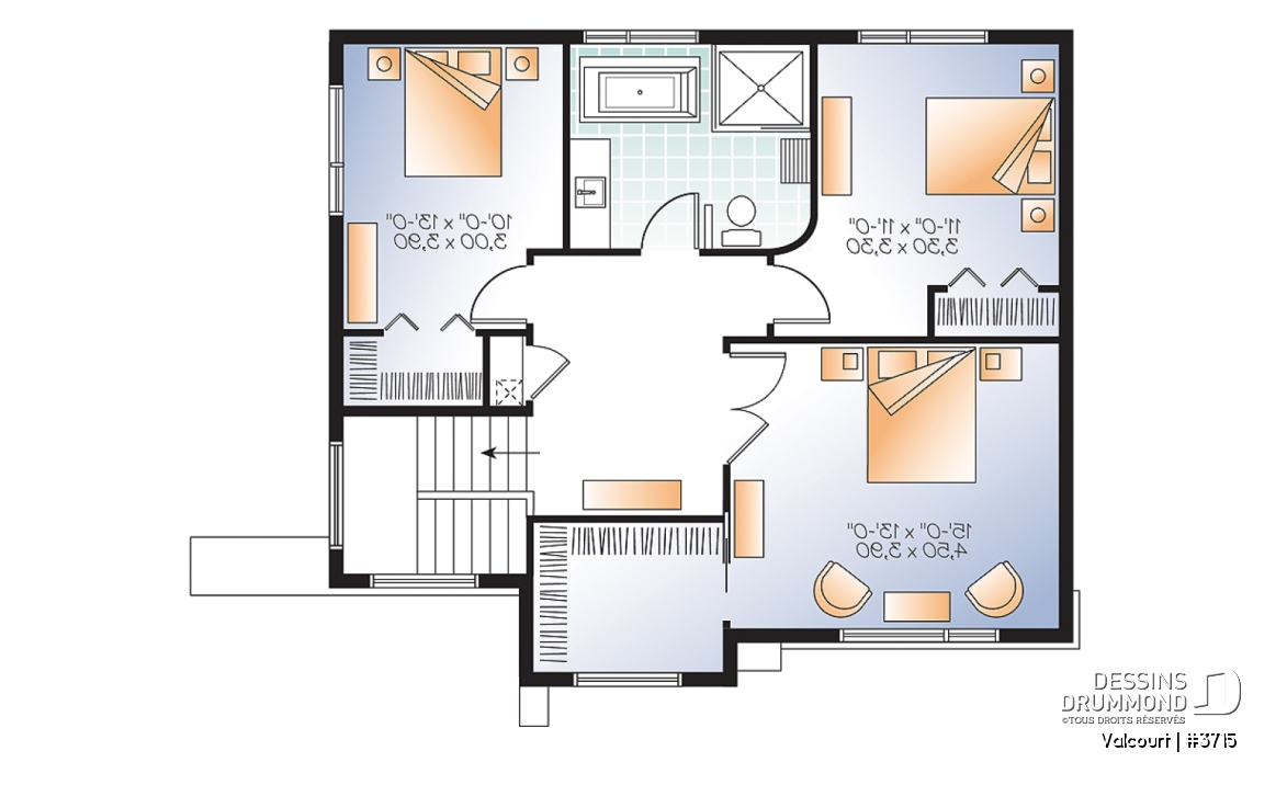 Étage - Plan de maison moderne 3 chambres, grande cuisine, garde-manger, buanderie au premier, walk-in - Valcourt
