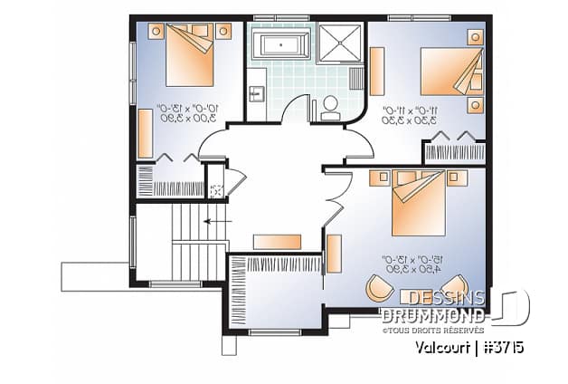 Étage - Plan de maison moderne 3 chambres, grande cuisine, garde-manger, buanderie au premier, walk-in - Valcourt