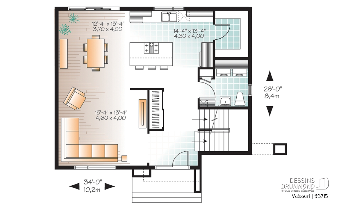 Rez-de-chaussée - Plan de maison moderne 3 chambres, grande cuisine, garde-manger, buanderie au premier, walk-in - Valcourt