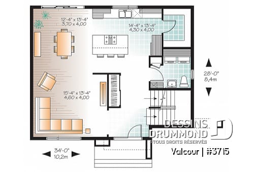 Rez-de-chaussée - Plan de maison moderne 3 chambres, grande cuisine, garde-manger, buanderie au premier, walk-in - Valcourt