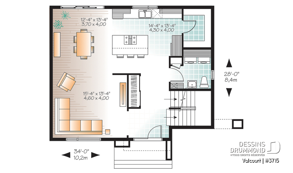 Rez-de-chaussée - Plan de maison moderne 3 chambres, grande cuisine, garde-manger, buanderie au premier, walk-in - Valcourt
