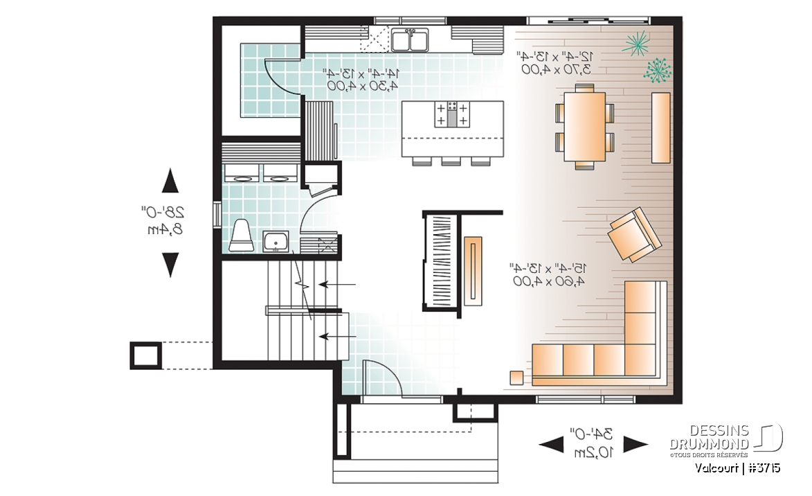 Rez-de-chaussée - Plan de maison moderne 3 chambres, grande cuisine, garde-manger, buanderie au premier, walk-in - Valcourt