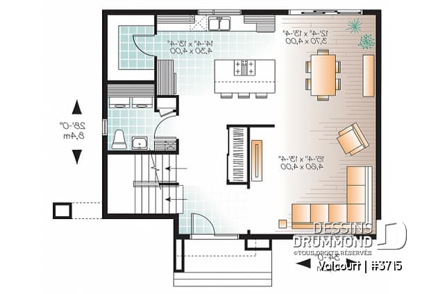 Rez-de-chaussée - Plan de maison moderne 3 chambres, grande cuisine, garde-manger, buanderie au premier, walk-in - Valcourt