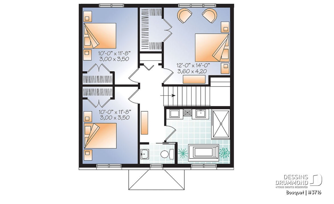 Étage - Plan de maison de style anglais, 3 chambres et bureau fermé, maison à aire ouverte - Bosquet