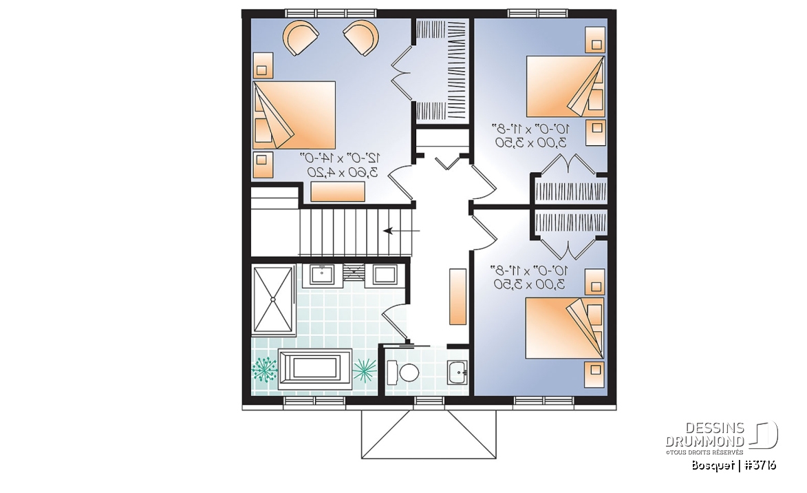 Étage - Plan de maison de style anglais, 3 chambres et bureau fermé, maison à aire ouverte - Bosquet