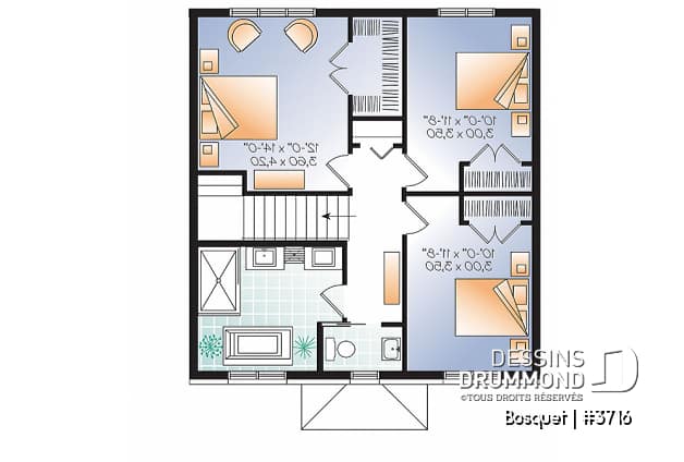 Étage - Plan de maison de style anglais, 3 chambres et bureau fermé, maison à aire ouverte - Bosquet