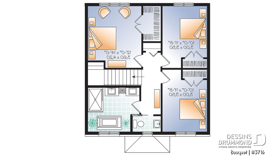 Étage - Plan de maison de style anglais, 3 chambres et bureau fermé, maison à aire ouverte - Bosquet