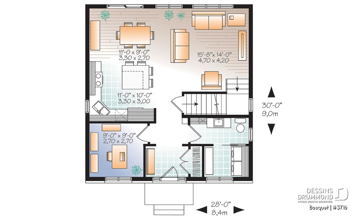 Rez-de-chaussée - Plan de maison de style anglais, 3 chambres et bureau fermé, maison à aire ouverte - Bosquet