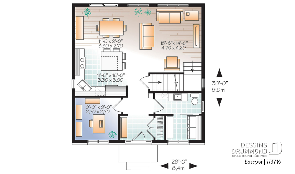 Rez-de-chaussée - Plan de maison de style anglais, 3 chambres et bureau fermé, maison à aire ouverte - Bosquet