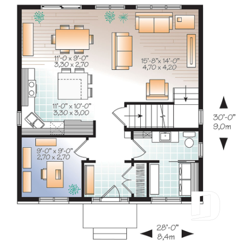 Rez-de-chaussée - Plan de maison de style anglais, 3 chambres et bureau fermé, maison à aire ouverte - Bosquet