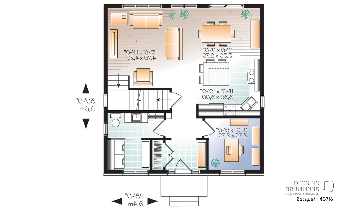 Rez-de-chaussée - Plan de maison de style anglais, 3 chambres et bureau fermé, maison à aire ouverte - Bosquet