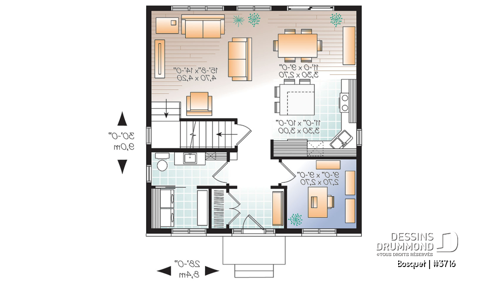 Rez-de-chaussée - Plan de maison de style anglais, 3 chambres et bureau fermé, maison à aire ouverte - Bosquet
