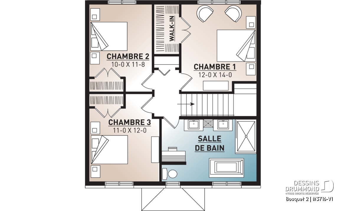Étage - Plan de maison de style transitionnel, 3 à 4 chambres, buanderie, grand îlot, aire ouverte, vestibule fermé - Bosquet 2