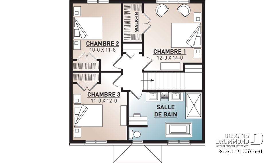 Étage - Plan de maison de style transitionnel, 3 à 4 chambres, buanderie, grand îlot, aire ouverte, vestibule fermé - Bosquet 2