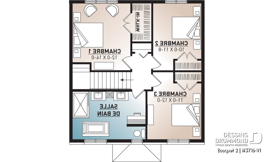 Étage - Plan de maison de style transitionnel, 3 à 4 chambres, buanderie, grand îlot, aire ouverte, vestibule fermé - Bosquet 2