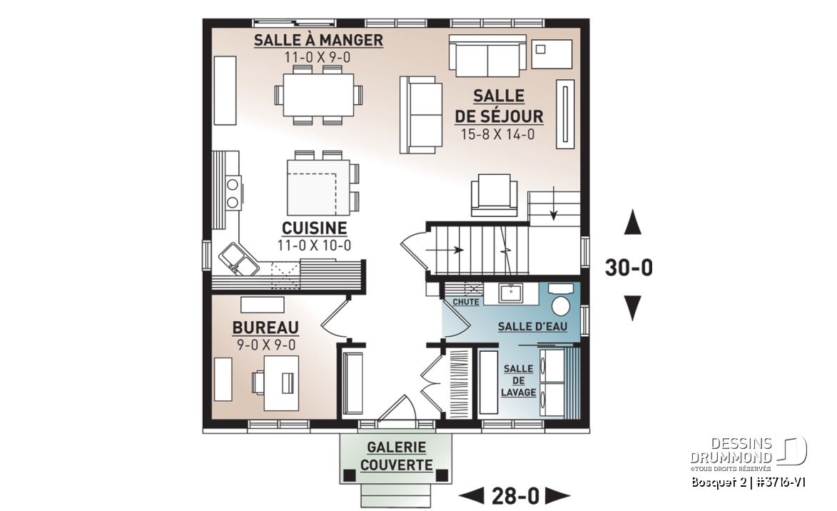 Rez-de-chaussée - Plan de maison de style transitionnel, 3 à 4 chambres, buanderie, grand îlot, aire ouverte, vestibule fermé - Bosquet 2