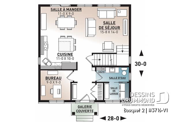 Rez-de-chaussée - Plan de maison de style transitionnel, 3 à 4 chambres, buanderie, grand îlot, aire ouverte, vestibule fermé - Bosquet 2