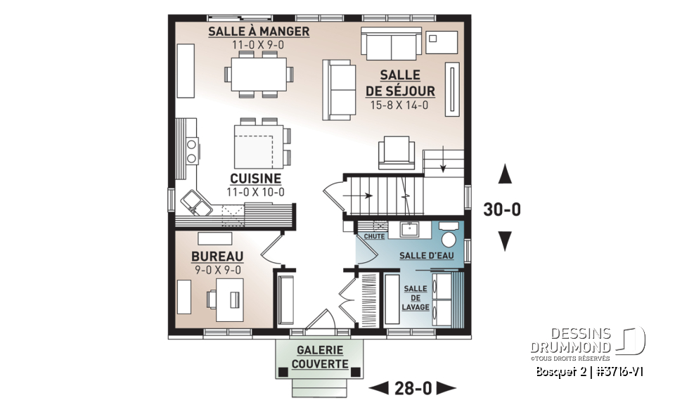 Rez-de-chaussée - Plan de maison de style transitionnel, 3 à 4 chambres, buanderie, grand îlot, aire ouverte, vestibule fermé - Bosquet 2