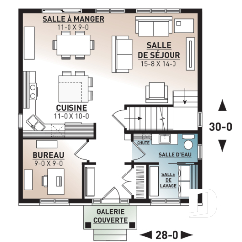 Rez-de-chaussée - Plan de maison de style transitionnel, 3 à 4 chambres, buanderie, grand îlot, aire ouverte, vestibule fermé - Bosquet 2