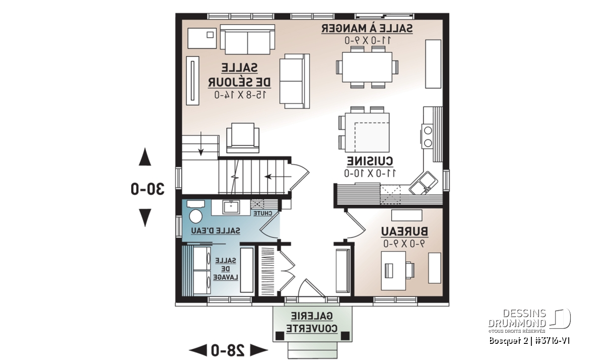 Rez-de-chaussée - Plan de maison de style transitionnel, 3 à 4 chambres, buanderie, grand îlot, aire ouverte, vestibule fermé - Bosquet 2