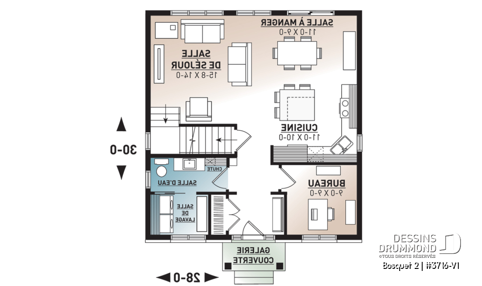 Rez-de-chaussée - Plan de maison de style transitionnel, 3 à 4 chambres, buanderie, grand îlot, aire ouverte, vestibule fermé - Bosquet 2