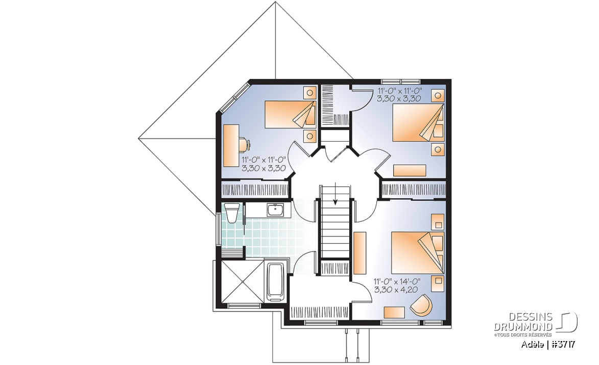 Étage - Plan de maison urbaine, 3 chambres, superbe salle familiale, fenestration abondante, walk-in à 2 chambres - Adèle