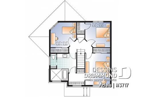 Étage - Plan de maison urbaine, 3 chambres, superbe salle familiale, fenestration abondante, walk-in à 2 chambres - Adèle