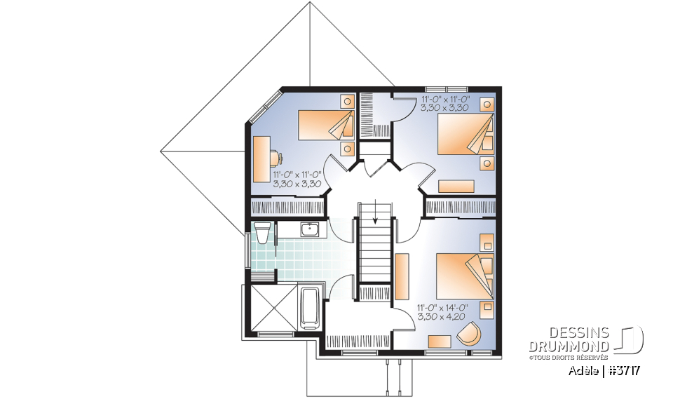 Étage - Plan de maison urbaine, 3 chambres, superbe salle familiale, fenestration abondante, walk-in à 2 chambres - Adèle