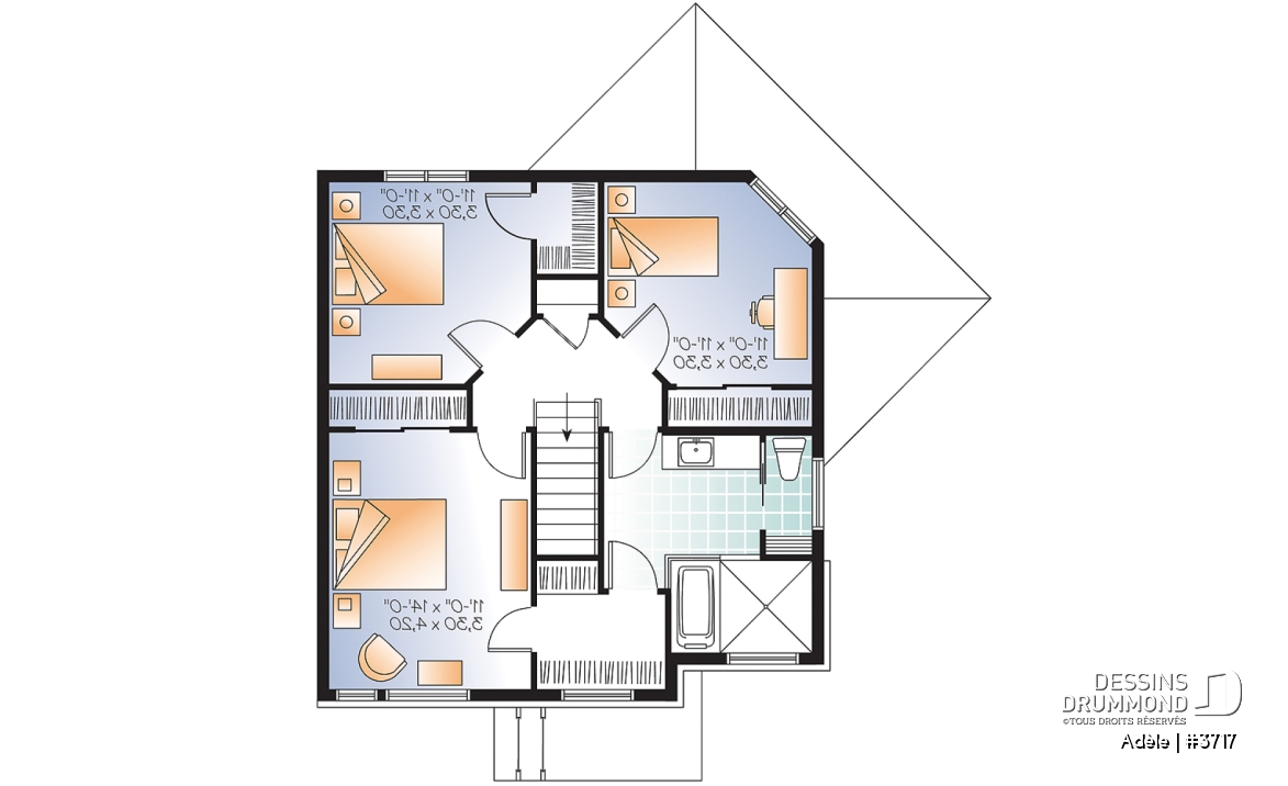 Étage - Plan de maison urbaine, 3 chambres, superbe salle familiale, fenestration abondante, walk-in à 2 chambres - Adèle