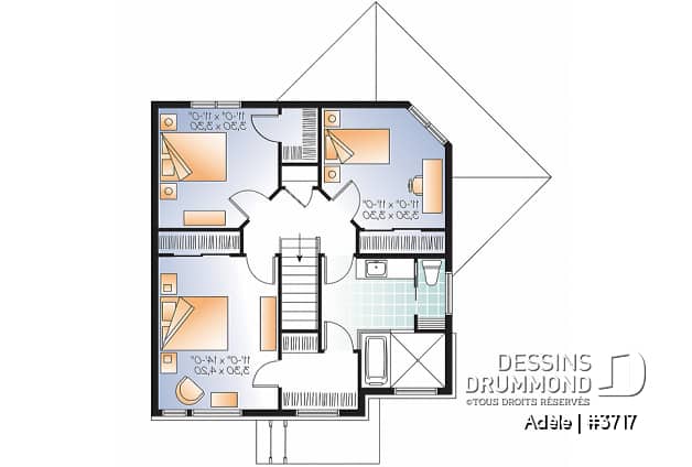 Étage - Plan de maison urbaine, 3 chambres, superbe salle familiale, fenestration abondante, walk-in à 2 chambres - Adèle
