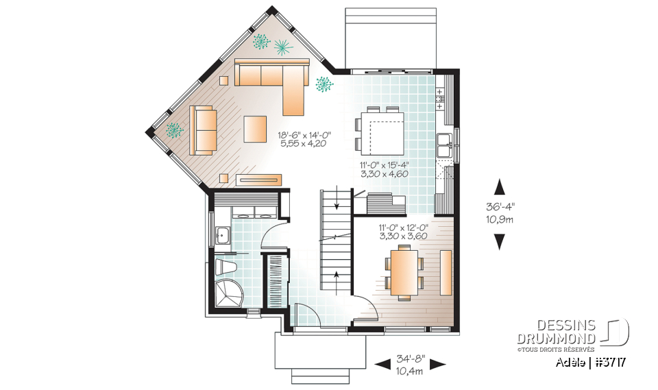 Rez-de-chaussée - Plan de maison urbaine, 3 chambres, superbe salle familiale, fenestration abondante, walk-in à 2 chambres - Adèle