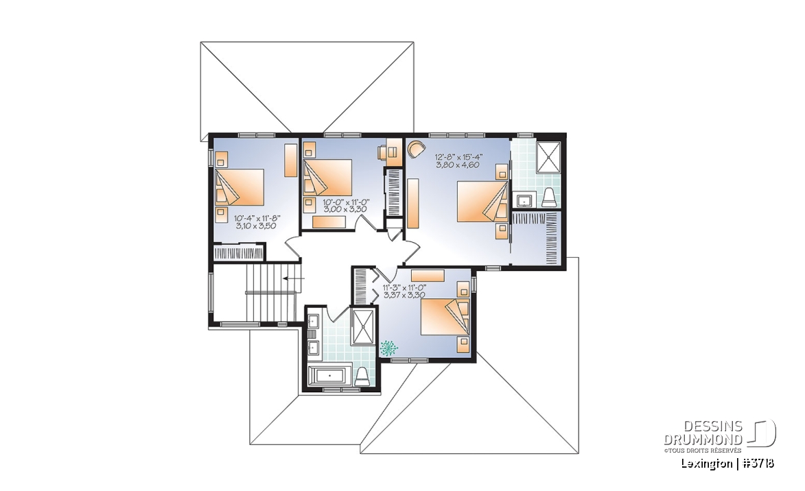 Étage - Plan de maison moderne rustique, garage double, 4 chambres, aire ouverte, foyer, terrasse abritée - Lexington