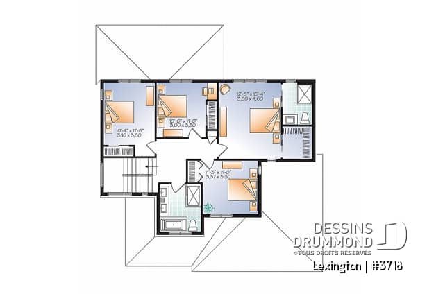 Étage - Plan de maison moderne rustique, garage double, 4 chambres, aire ouverte, foyer, terrasse abritée - Lexington