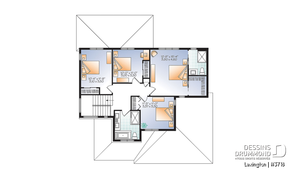 Étage - Plan de maison moderne rustique, garage double, 4 chambres, aire ouverte, foyer, terrasse abritée - Lexington