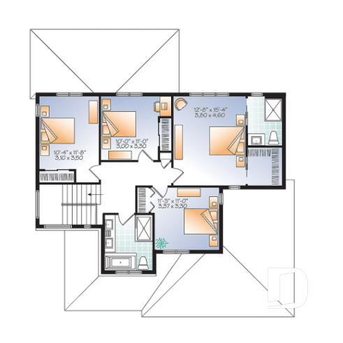 Étage - Plan de maison moderne rustique, garage double, 4 chambres, aire ouverte, foyer, terrasse abritée - Lexington