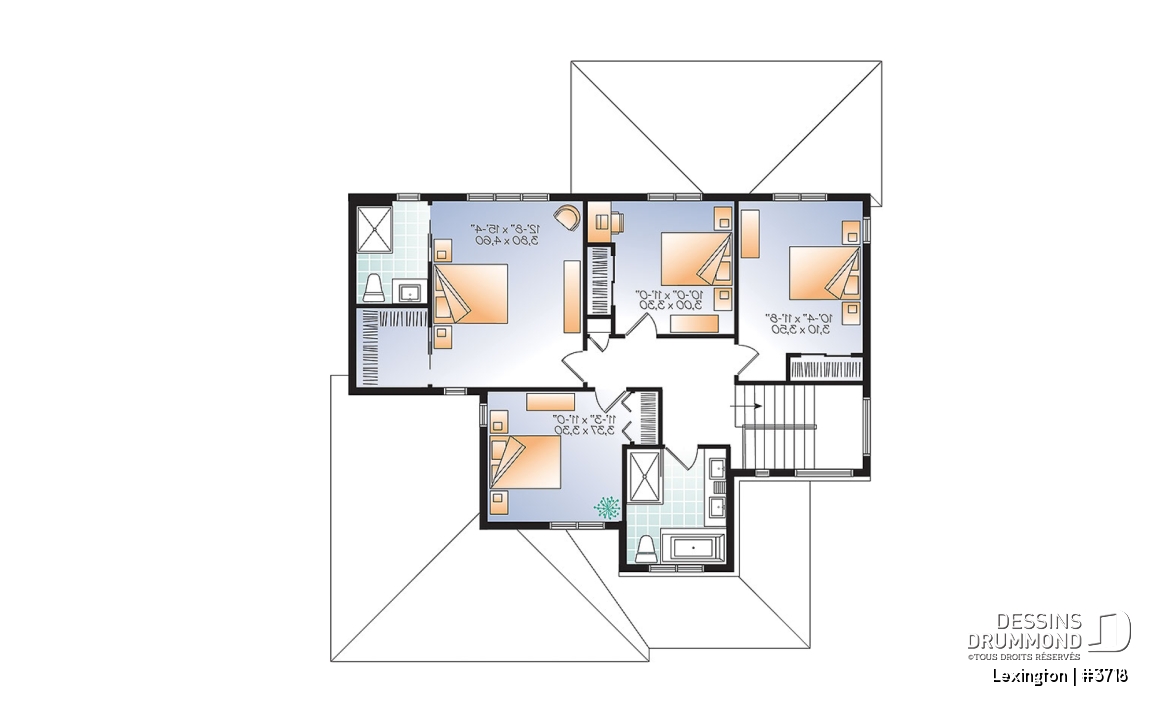 Étage - Plan de maison moderne rustique, garage double, 4 chambres, aire ouverte, foyer, terrasse abritée - Lexington