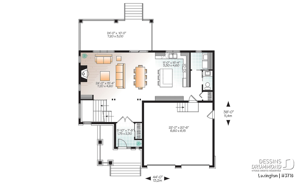 Rez-de-chaussée - Plan de maison moderne rustique, garage double, 4 chambres, aire ouverte, foyer, terrasse abritée - Lexington