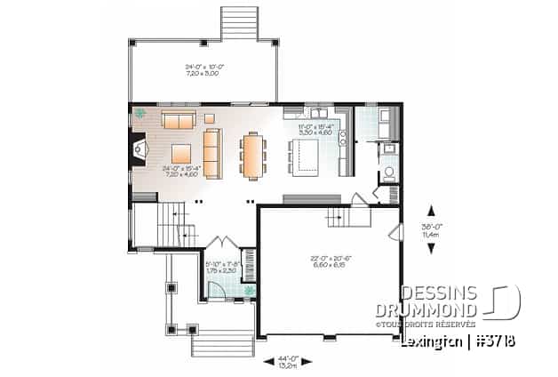 Rez-de-chaussée - Plan de maison moderne rustique, garage double, 4 chambres, aire ouverte, foyer, terrasse abritée - Lexington