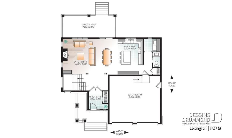 Rez-de-chaussée - Plan de maison moderne rustique, garage double, 4 chambres, aire ouverte, foyer, terrasse abritée - Lexington